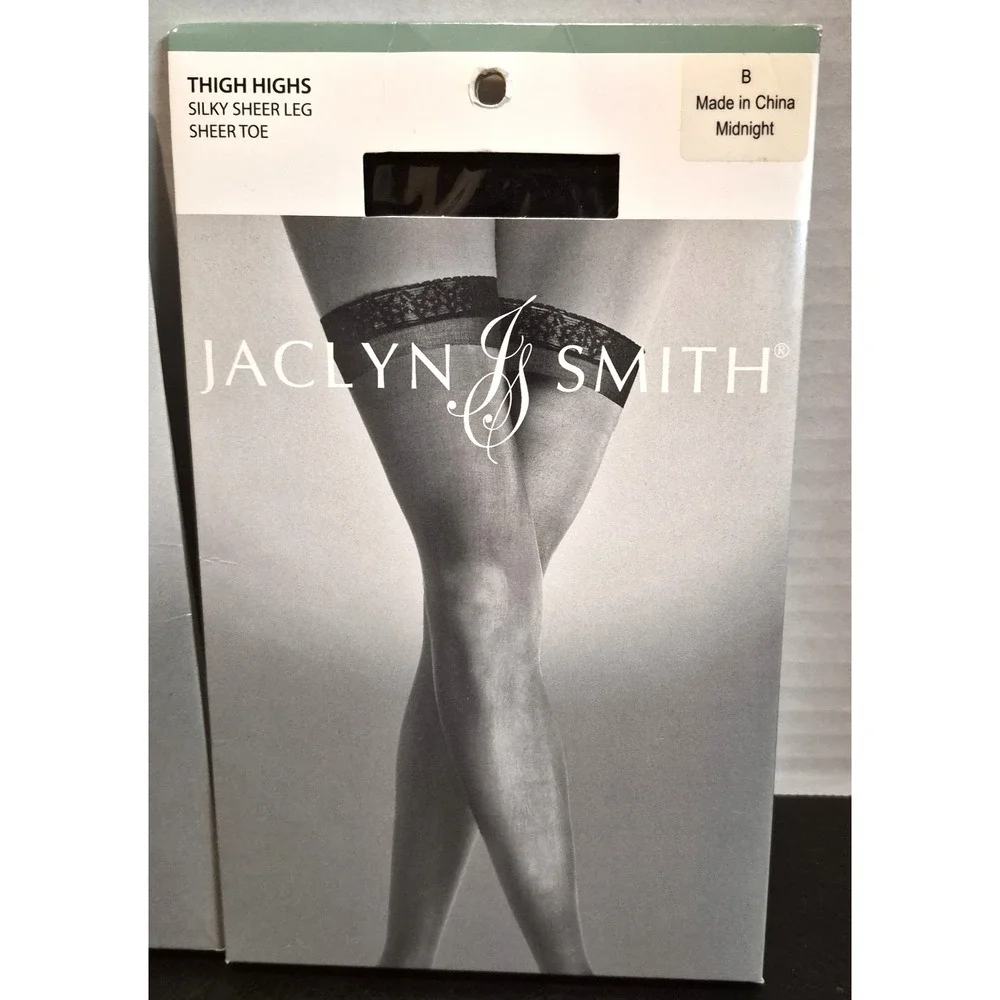 Jaclyn Smith Sheer Toe Lace Top Thigh Highs Size B Midnight Silky Sheer 2 Pairs